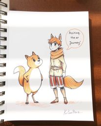 Explore a cozy and earthy hand-drawn sketch featuring a hero embarking on a journey with their talking animal sidekick. The a
