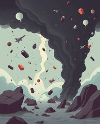 A surreal storm featuring flying objects and broken gravity, depicted in a modern flat design aesthetic with infrared tones. 