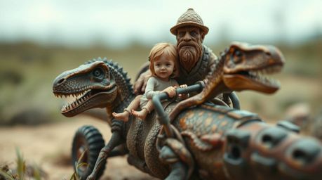 Discover intricate details in an extreme macro close-up shot of a prehistoric family enjoying a ride in a dinosaur car.  This