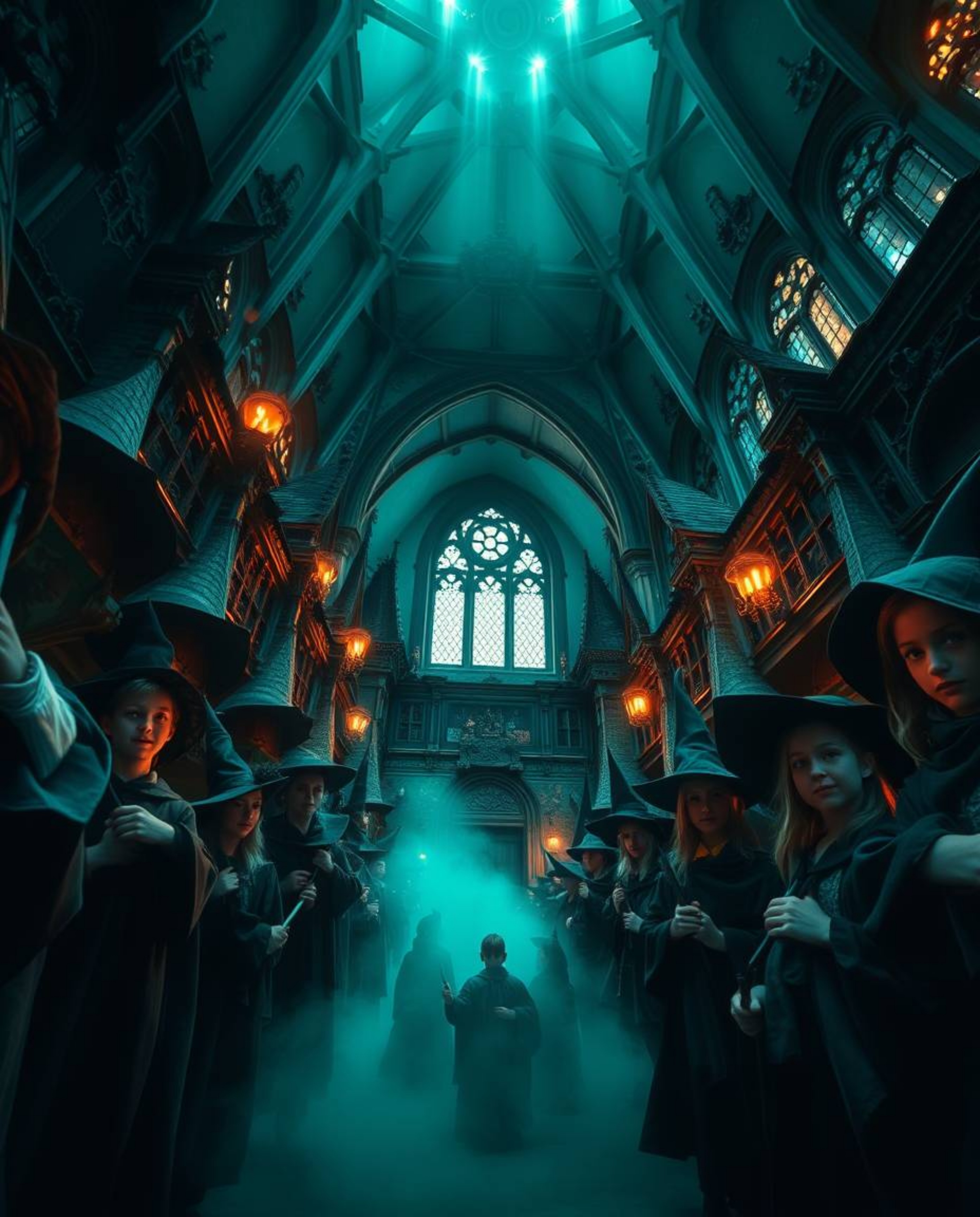 Experience the enchanting world of a magical school filled with young wizards, captured from a low angle perspective in rich,