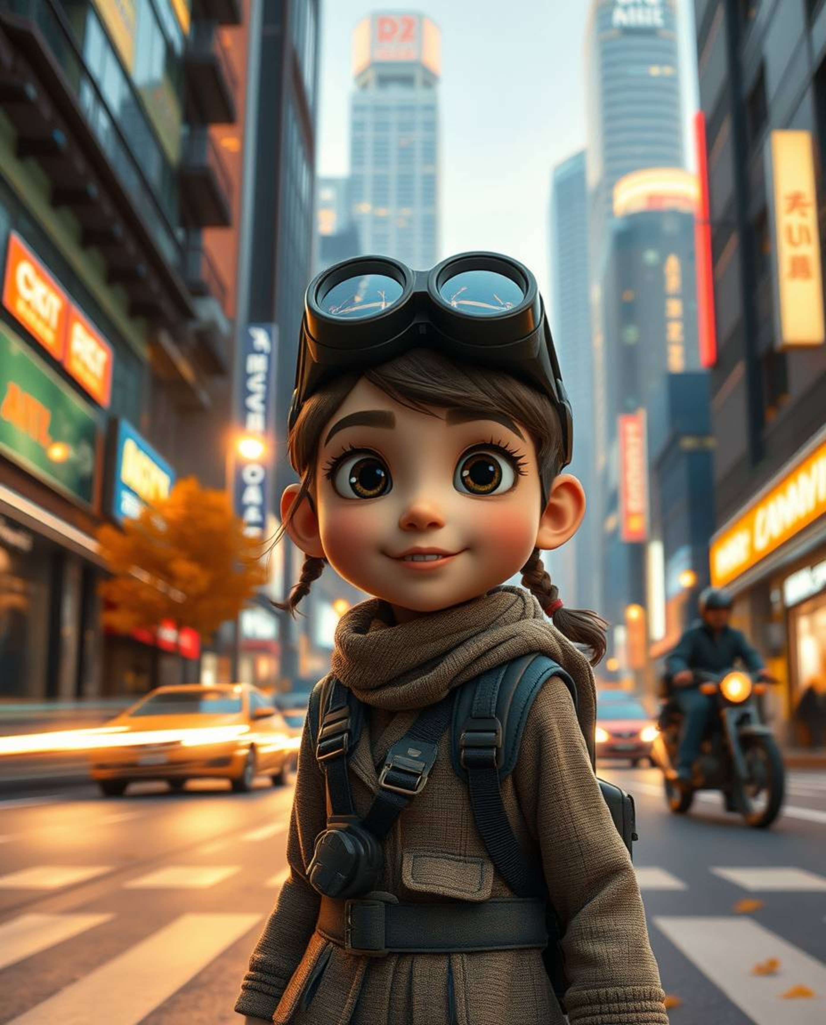 Discover a captivating image of a young inventor girl in a futuristic city, rendered in a stunning Pixar-style aesthetic. Th