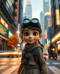 Discover a captivating image of a young inventor girl in a futuristic city, rendered in a stunning Pixar-style aesthetic.  Th