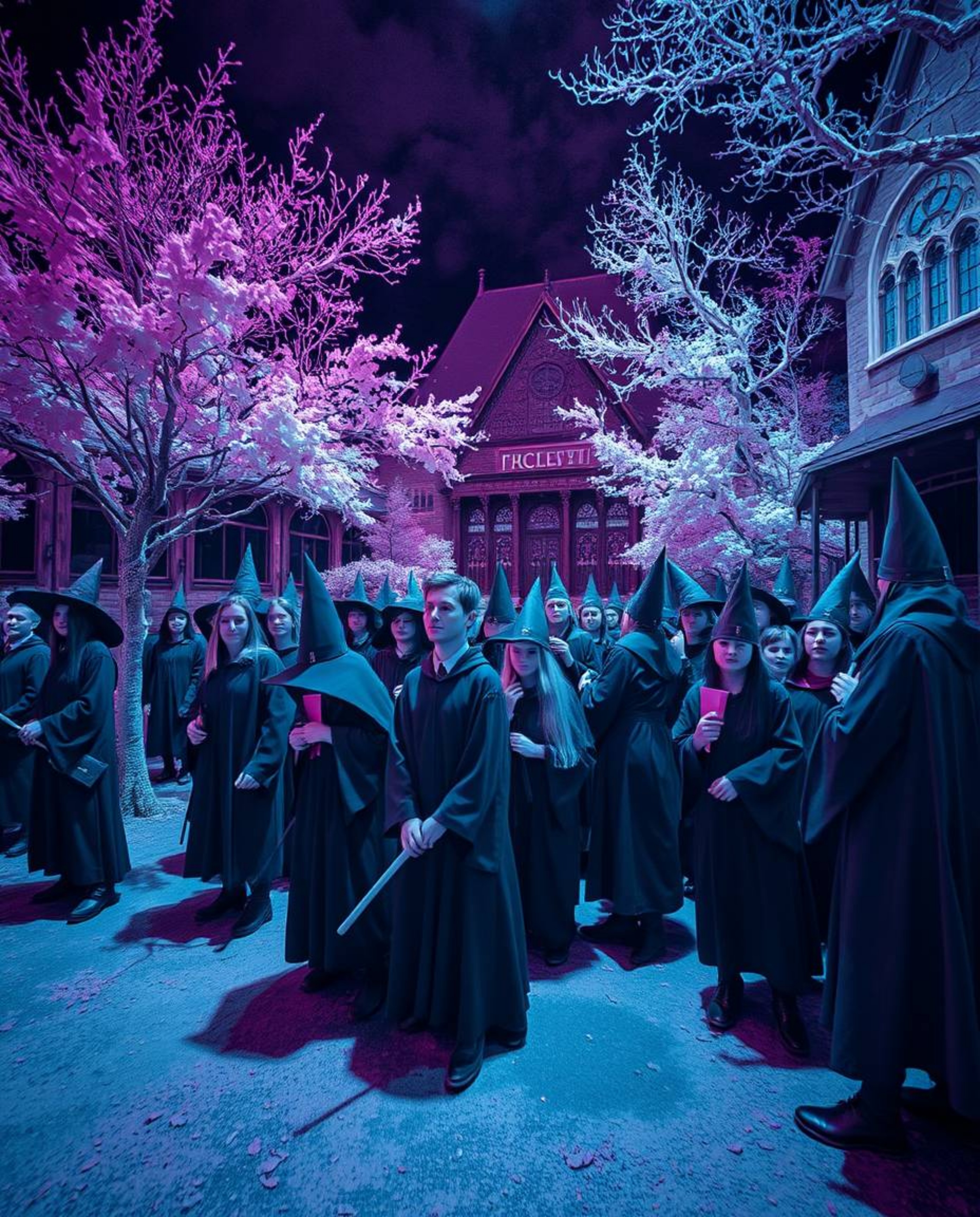 Explore the captivating world of surreal infrared photography, showcasing a magical school filled with young wizards.  Deep s