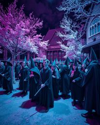 Explore the captivating world of surreal infrared photography, showcasing a magical school filled with young wizards.  Deep s