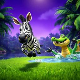 A delightful 3D cartoon scene features a zebra with expressive eyes and a friendly smile leaping from a lush jungle clearing 