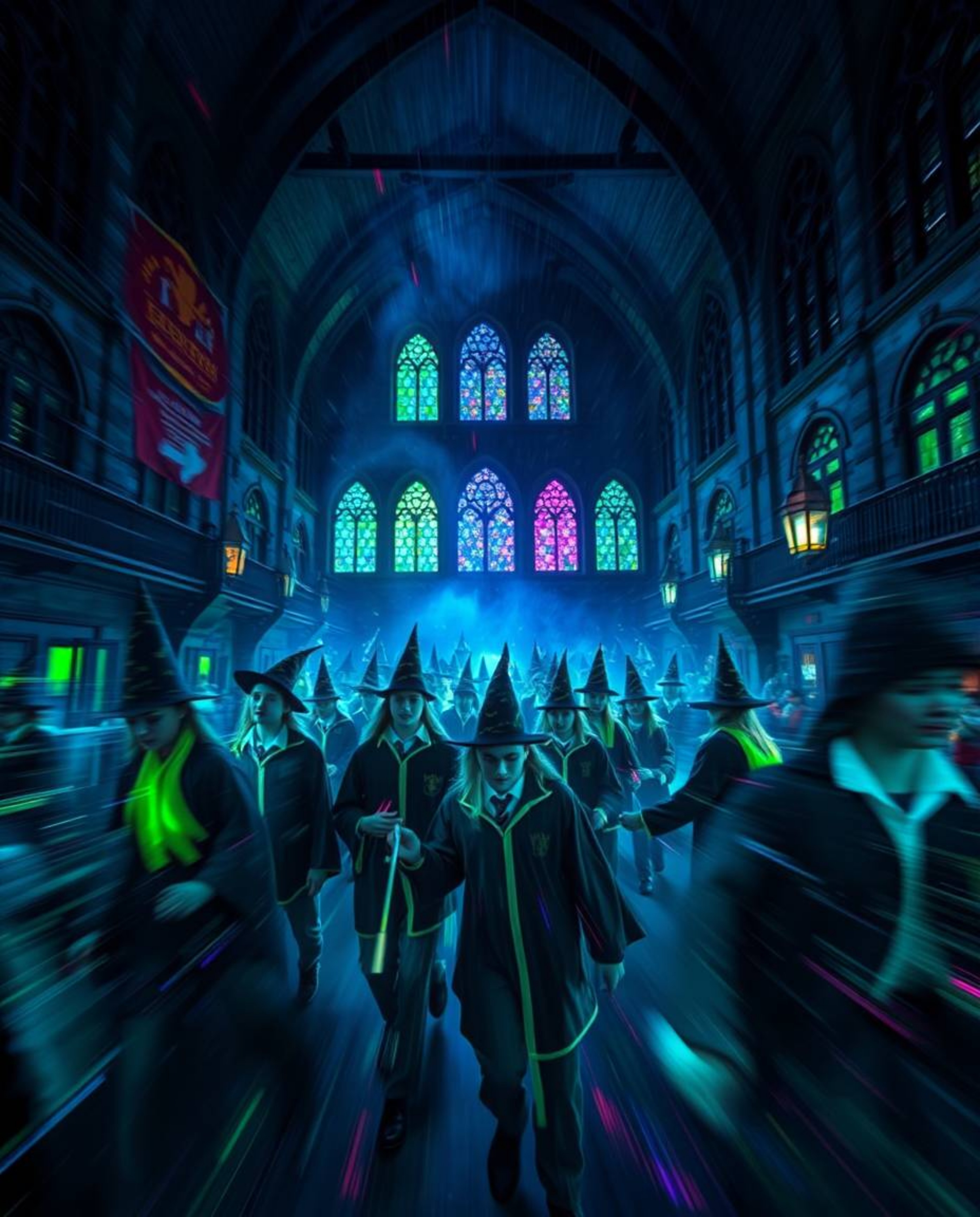 Immerse yourself in a vibrant magical school teeming with young wizards.  Bioluminescent colors illuminate the scene, with dy
