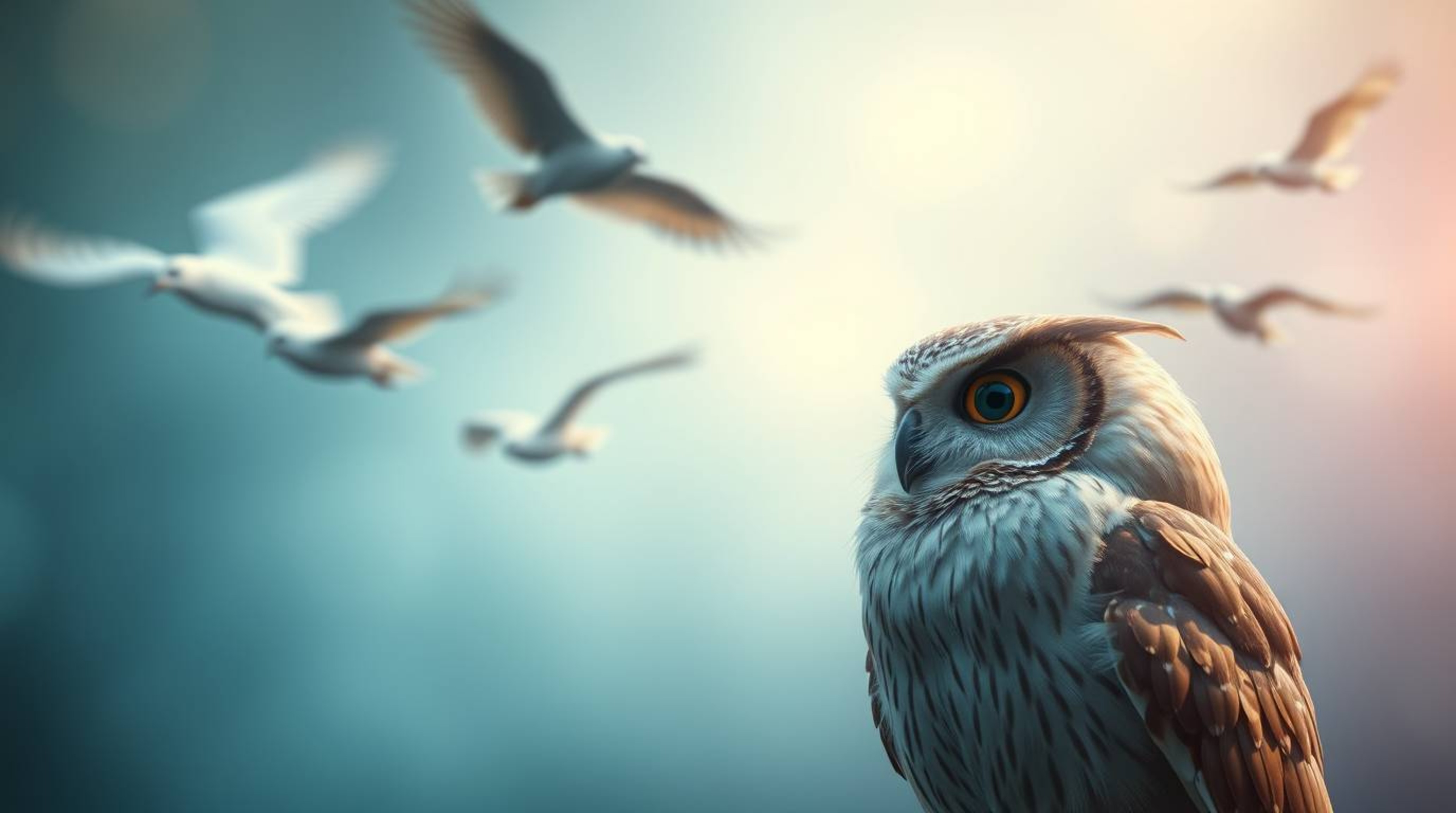A long exposure photograph, exuding an ethereal vibe and enveloped in a soft cinematic haze, captures a wise, blind owl in a 