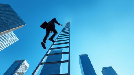 This inspired logo design features a compelling low-angle perspective of a businessperson climbing a transparent ladder that 
