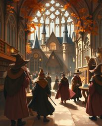 A captivating autumnal painting depicts a graceful magical school brimming with young wizards.  The artwork showcases refined