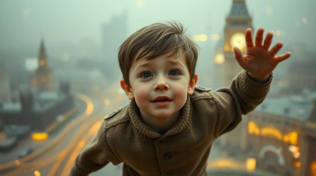 A captivating image of a young boy with smooth features soaring above London, sprinkled with magical pixie dust.  The scene i