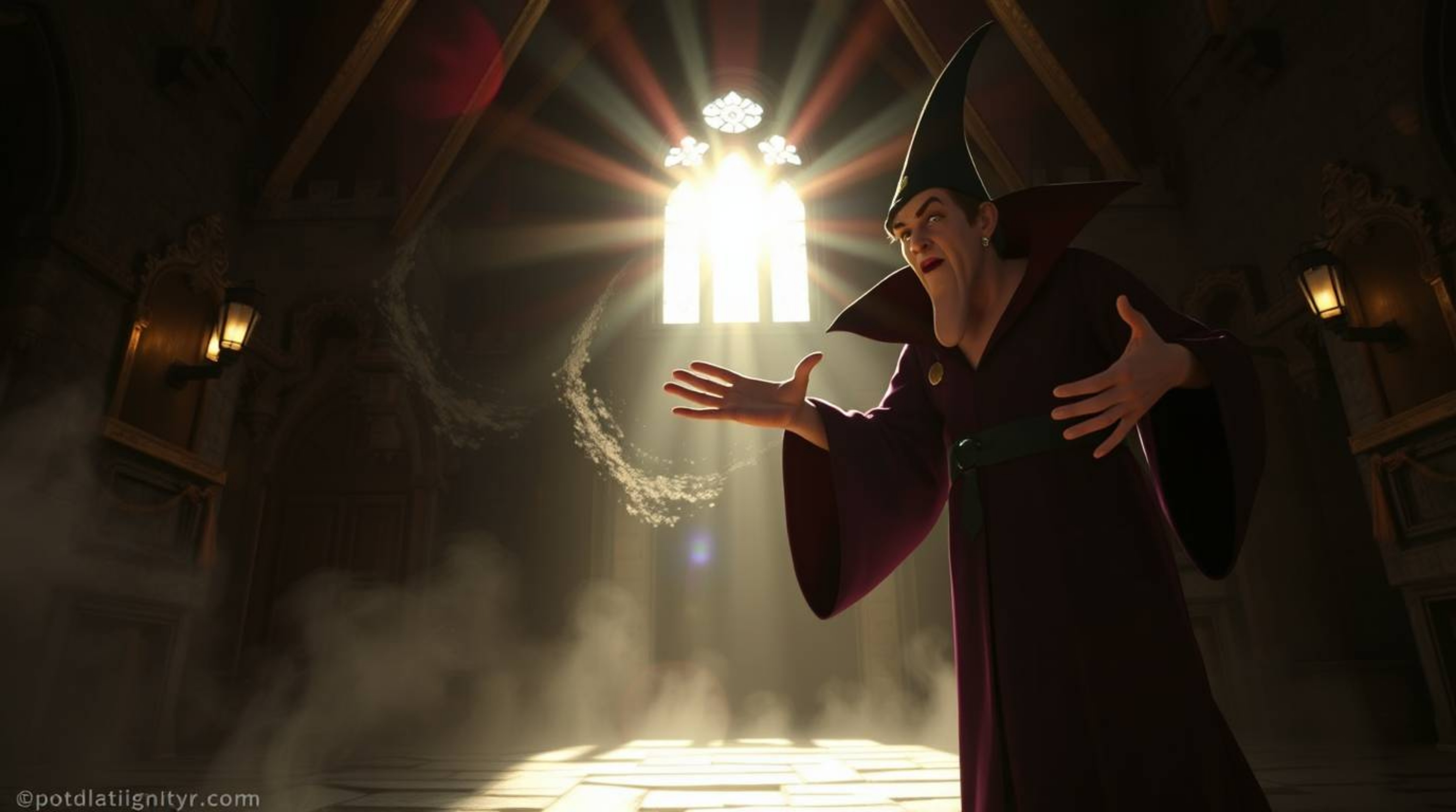 A captivating image in a dramatic, cinematic style showcases a classic Disney villain casting a spell within the walls of an