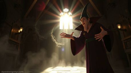 A captivating image in a dramatic, cinematic style showcases a classic Disney villain casting a spell within the walls of an 