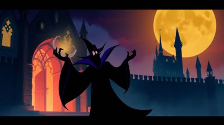 A captivating image of a classic Disney villain, silhouetted against the backdrop of an old castle, casting a spell. The art