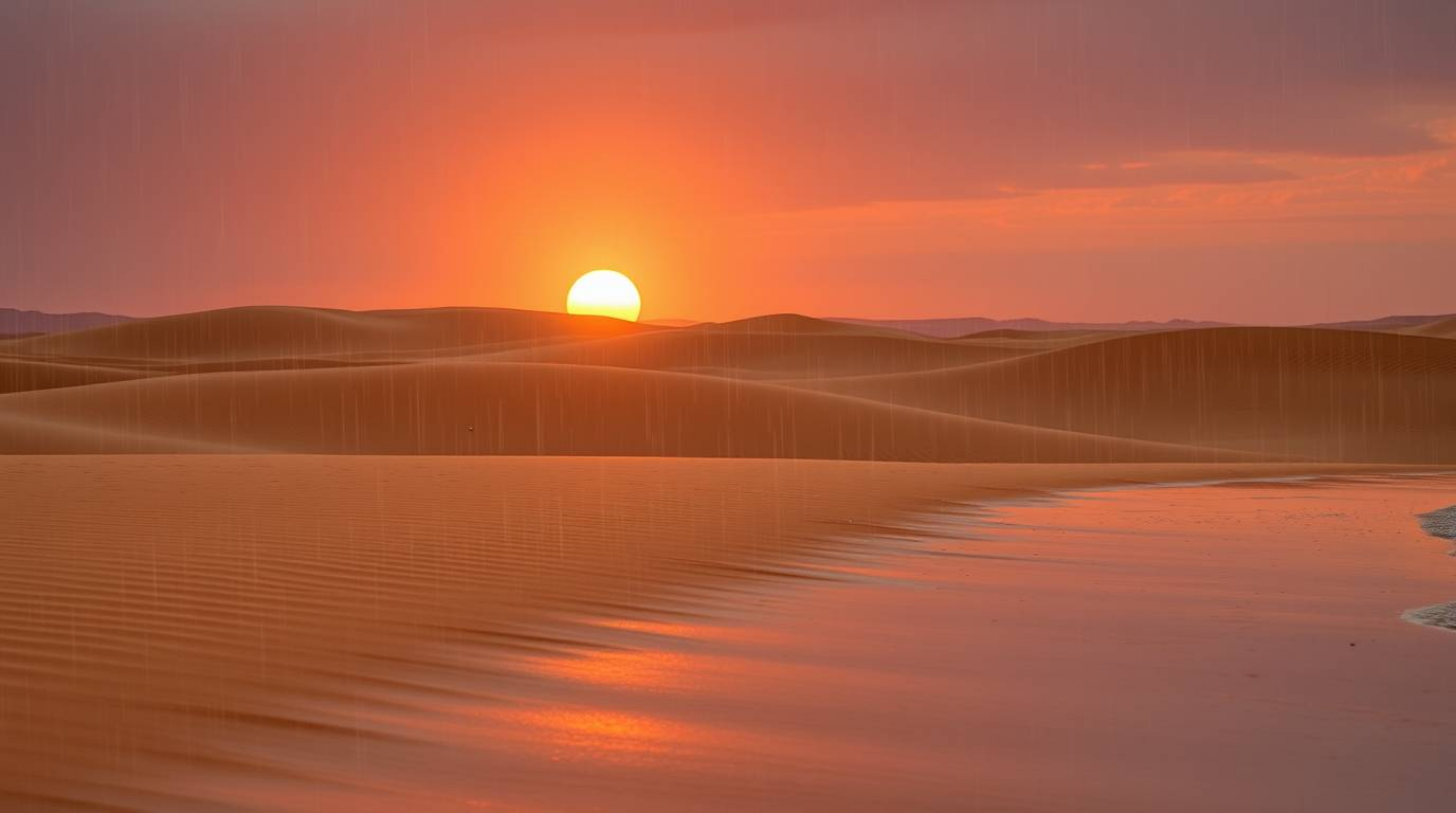 Experience an adorable and charming sunset scene at the edge of a desert adorned with golden dunes, where gentle drizzling ra