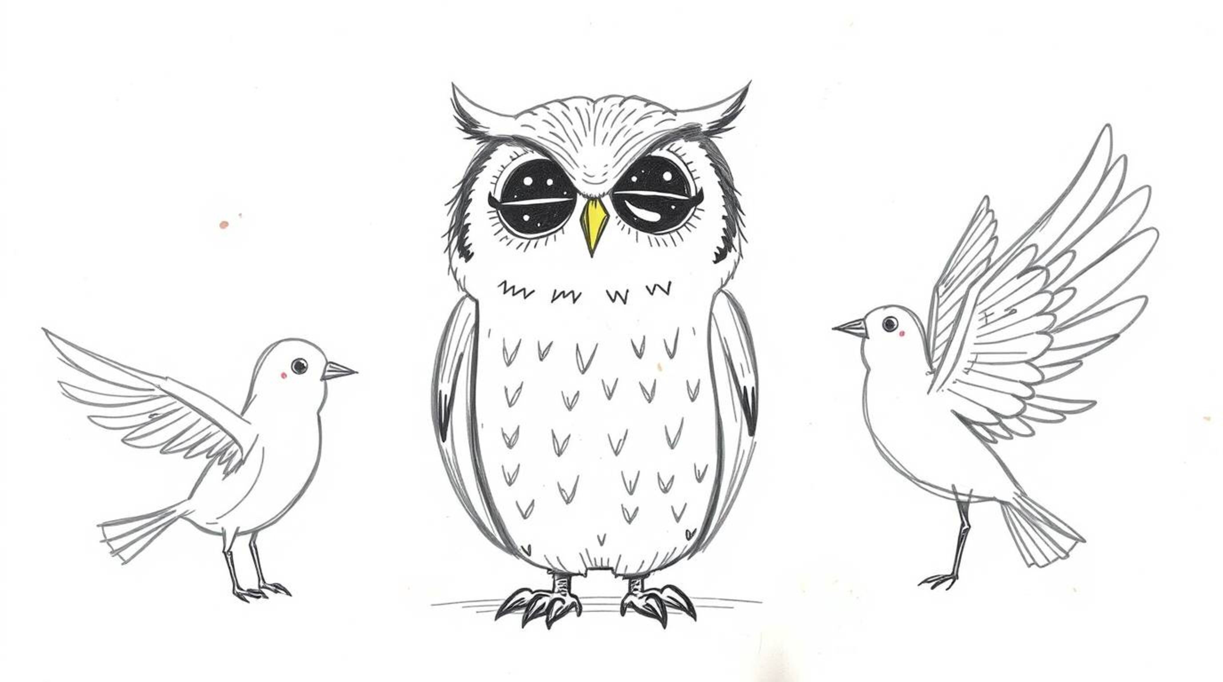 A charming, hand-drawn Pixar-esque sketch featuring a serene, blind owl guiding birds in sketching their own fanciful wings u