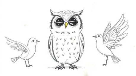 A charming, hand-drawn Pixar-esque sketch featuring a serene, blind owl guiding birds in sketching their own fanciful wings u