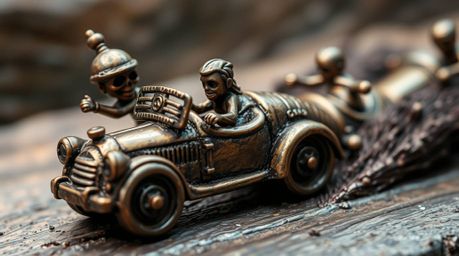 An extreme macro photograph captures a whimsical racing scene featuring bizarre, bronze-cast cars. The image showcases intric