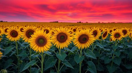 Experience the mesmerizing beauty of a sunflower field bathed in the warm, golden light of sunset, set against a backdrop of 