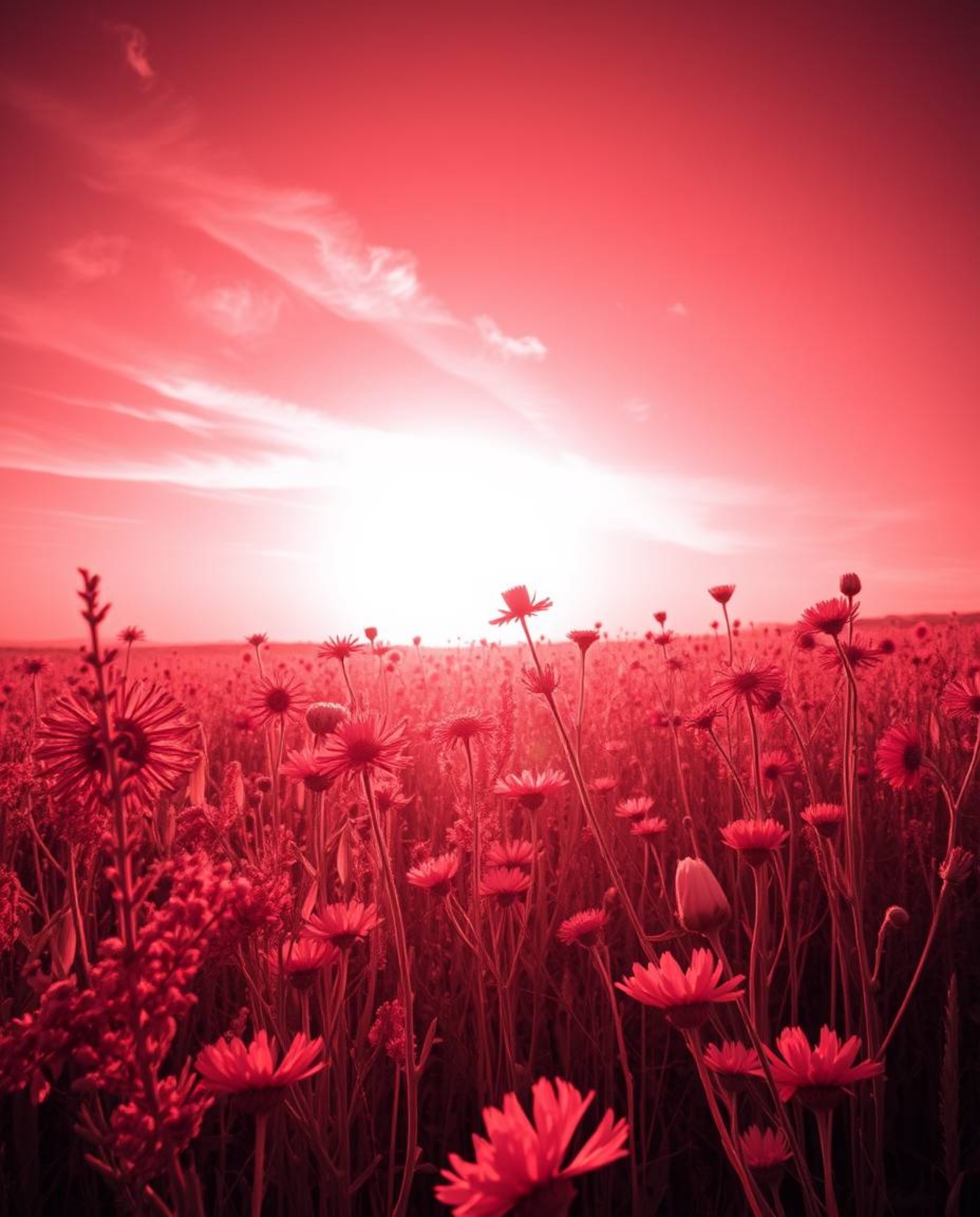 This surreal infrared image captures a spring wildflower meadow at sunset, creating an otherworldly scene with high-contrast 