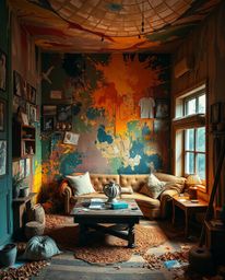 Experience a room bursting with color in a warm, autumnal setting. This captivating space features earthy and cozy tones, cre