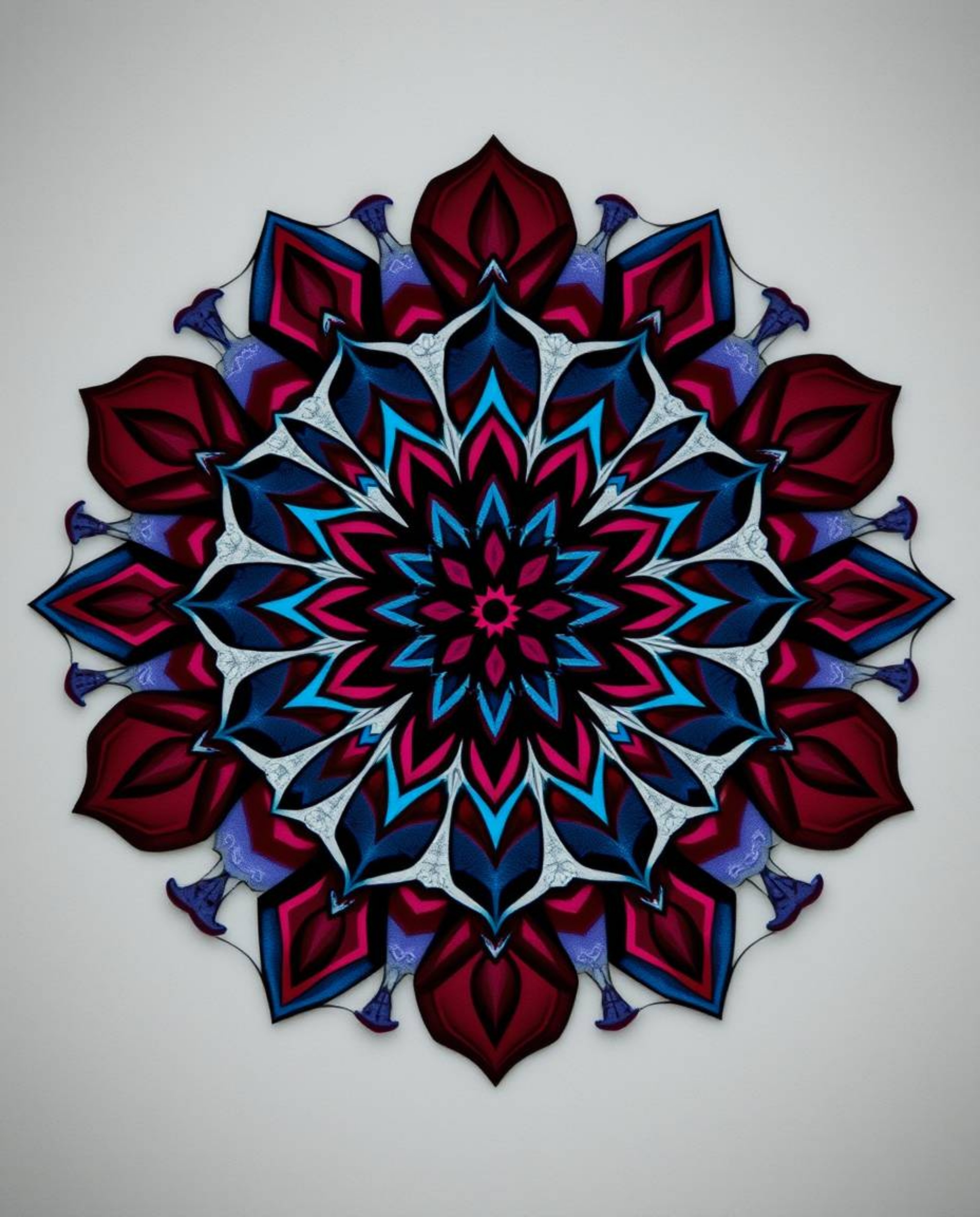 A sophisticated geometric floral mandala in rich burgundy and deep blue.  This vibrant design features a symmetric pattern, e