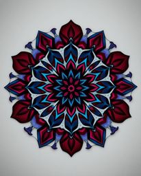 A sophisticated geometric floral mandala in rich burgundy and deep blue.  This vibrant design features a symmetric pattern, e