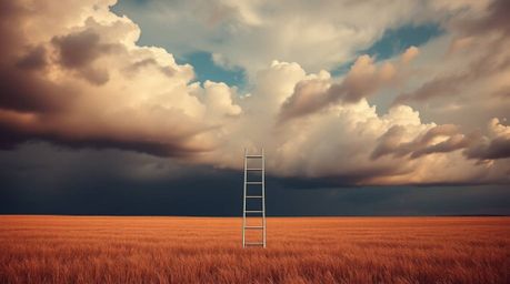 A minimalist scene featuring a silver ladder in a wide open field beneath a cloudy sky, rendered in rich burgundy and deep bl