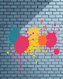 A modern flat design presents a bird's eye view of graffiti-style colorful splashes adorning a brick wall. The scene evokes a
