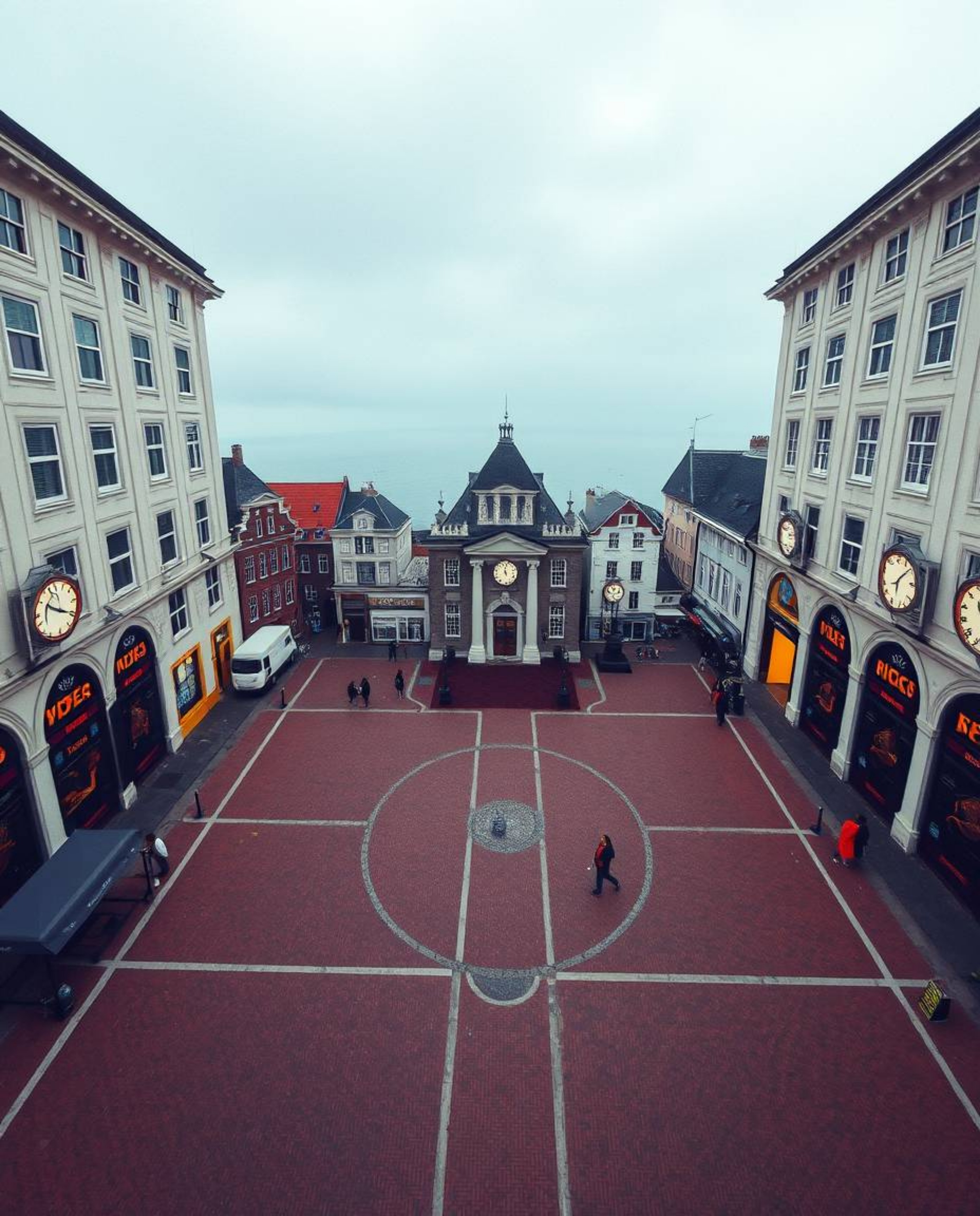 Capture the essence of an empty town square, divided into distinct sections illuminated by creative light art and bold abstra