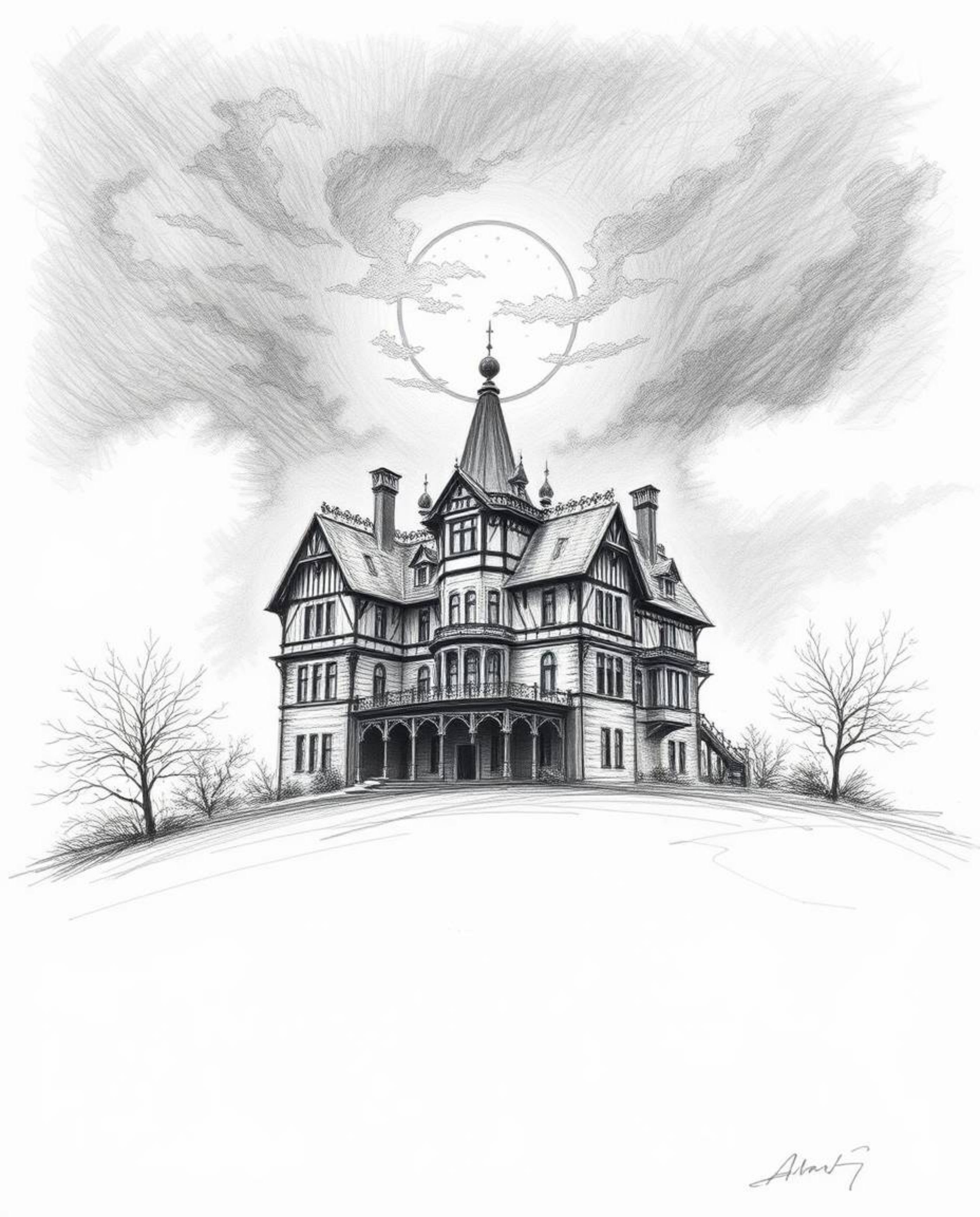 A hand-drawn sketch of a fog-covered Victorian mansion under the soft glow of moonlight, rendered in rough pencil strokes aga
