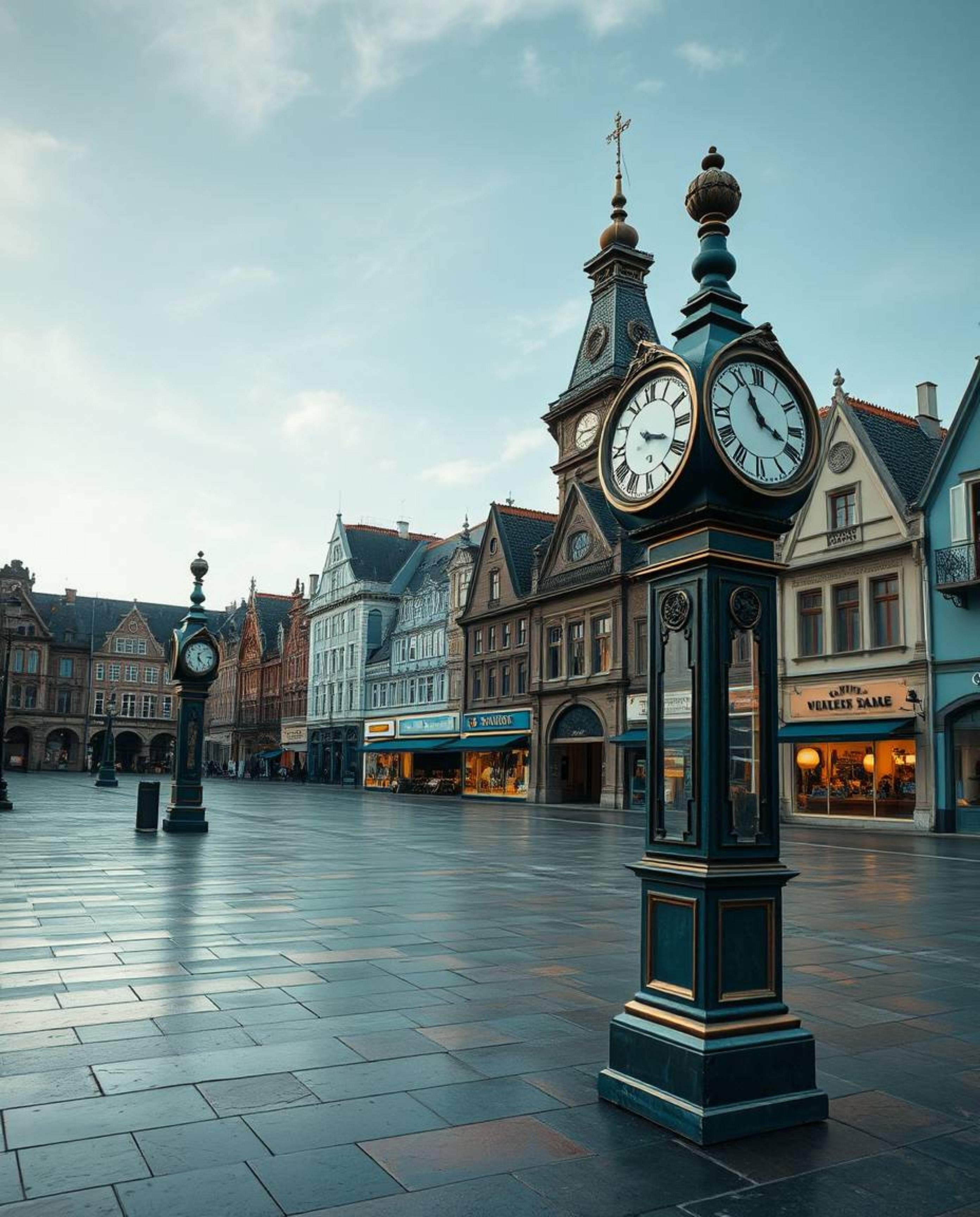 Discover a captivating image of an empty town square, rendered in rich deep teal with bronze, antique-finished clocks.  The l