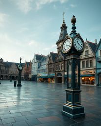Discover a captivating image of an empty town square, rendered in rich deep teal with bronze, antique-finished clocks.  The l