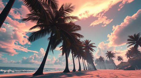 Experience a stunning futuristic sci-fi rendering of a tropical beach sunset, complete with swaying palm trees and a low-angl