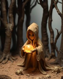 This sculptural clay artwork depicts a cloaked figure amidst a misty forest, holding a captivating glowing orb. The piece bea