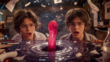 A vibrant, cinematic photograph with a nostalgic, Pixar-inspired aesthetic captures a dynamic duo of pre-teen science fair pa
