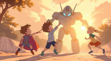 This illustration captures a dynamic scene of three superpowered children engaged in an epic battle against a robot.  The art