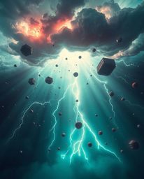 Experience a breathtaking surreal storm filled with flying objects and defying gravity, illuminated by vibrant, volumetric li