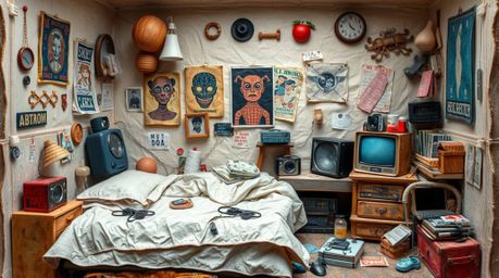 This unique layered papier-mâché artwork depicts a chaotic yet captivating messy bedroom scene. Featuring strange gadgets, ec