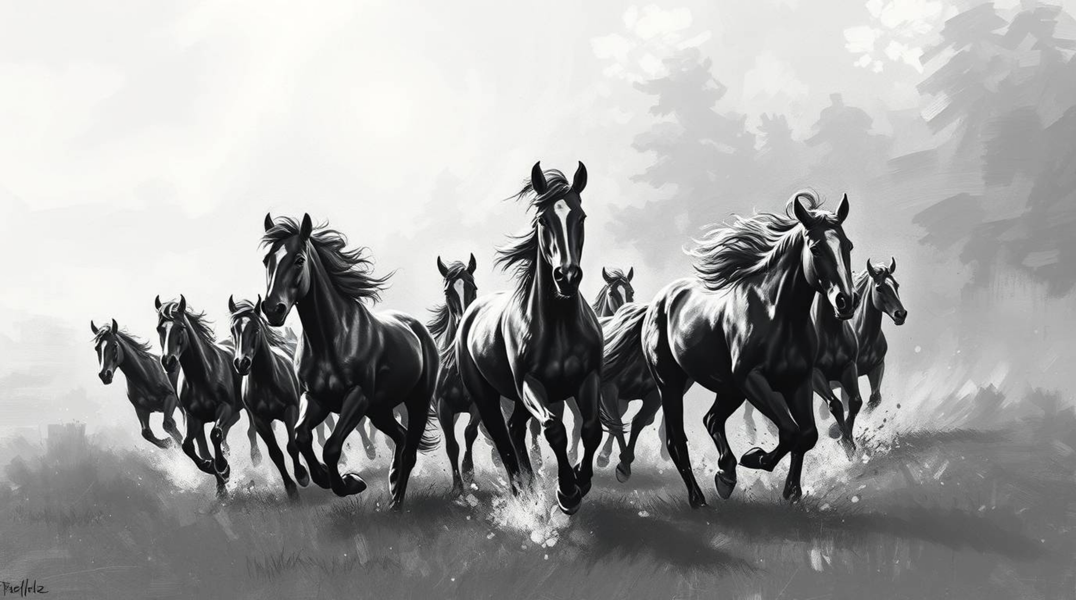 This captivating black and white acrylic painting showcases a dynamic herd of wild horses galloping beneath a radiant sky.  T