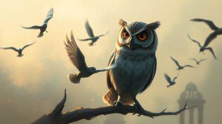 A captivating digital sketch portrays a blind owl, rendered in a charming Pixar style, guiding birds to fly in a misty and at