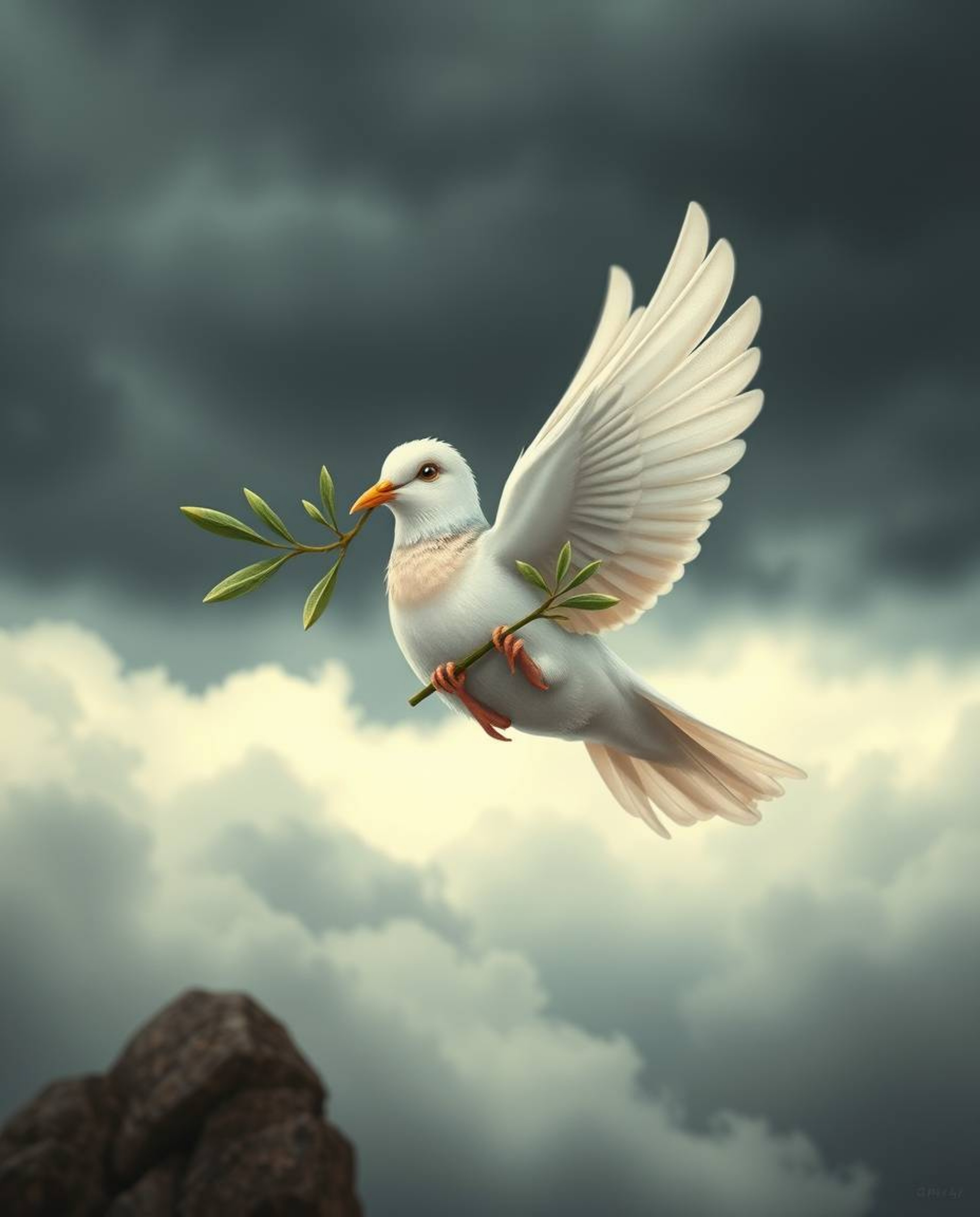 A charming dove gracefully carries an olive branch amidst a dramatic, stormy sky.  The scene is imbued with a mystical and en