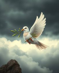 A charming dove gracefully carries an olive branch amidst a dramatic, stormy sky.  The scene is imbued with a mystical and en