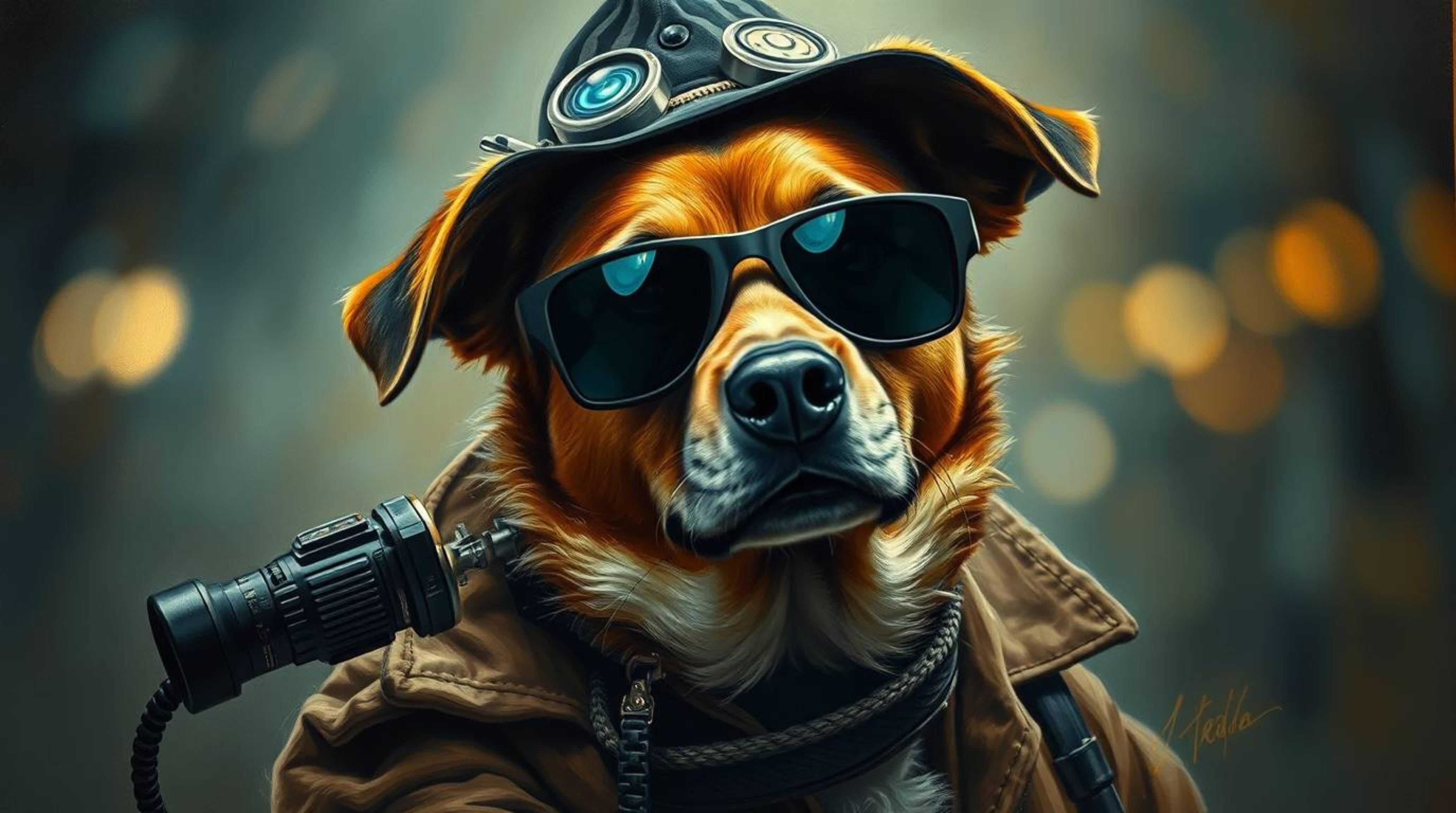 Explore a captivating oil painting of a dog detective, equipped with high-tech gadgets, rendered with a blurred bokeh effect,