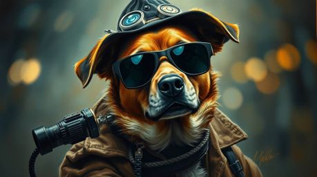 Explore a captivating oil painting of a dog detective, equipped with high-tech gadgets, rendered with a blurred bokeh effect,