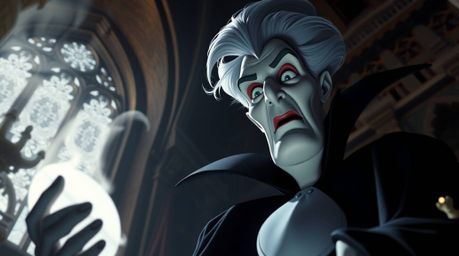 A captivating high-resolution stock photo depicting a classic Disney villain with sharp features and pale skin, immersed in c