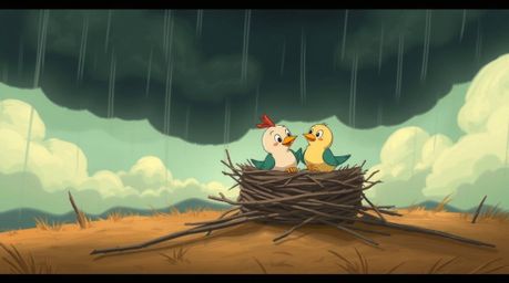 A dramatic scene featuring two cartoon birds building a nest in a classic animation style, rendered with soft pastel colors. 