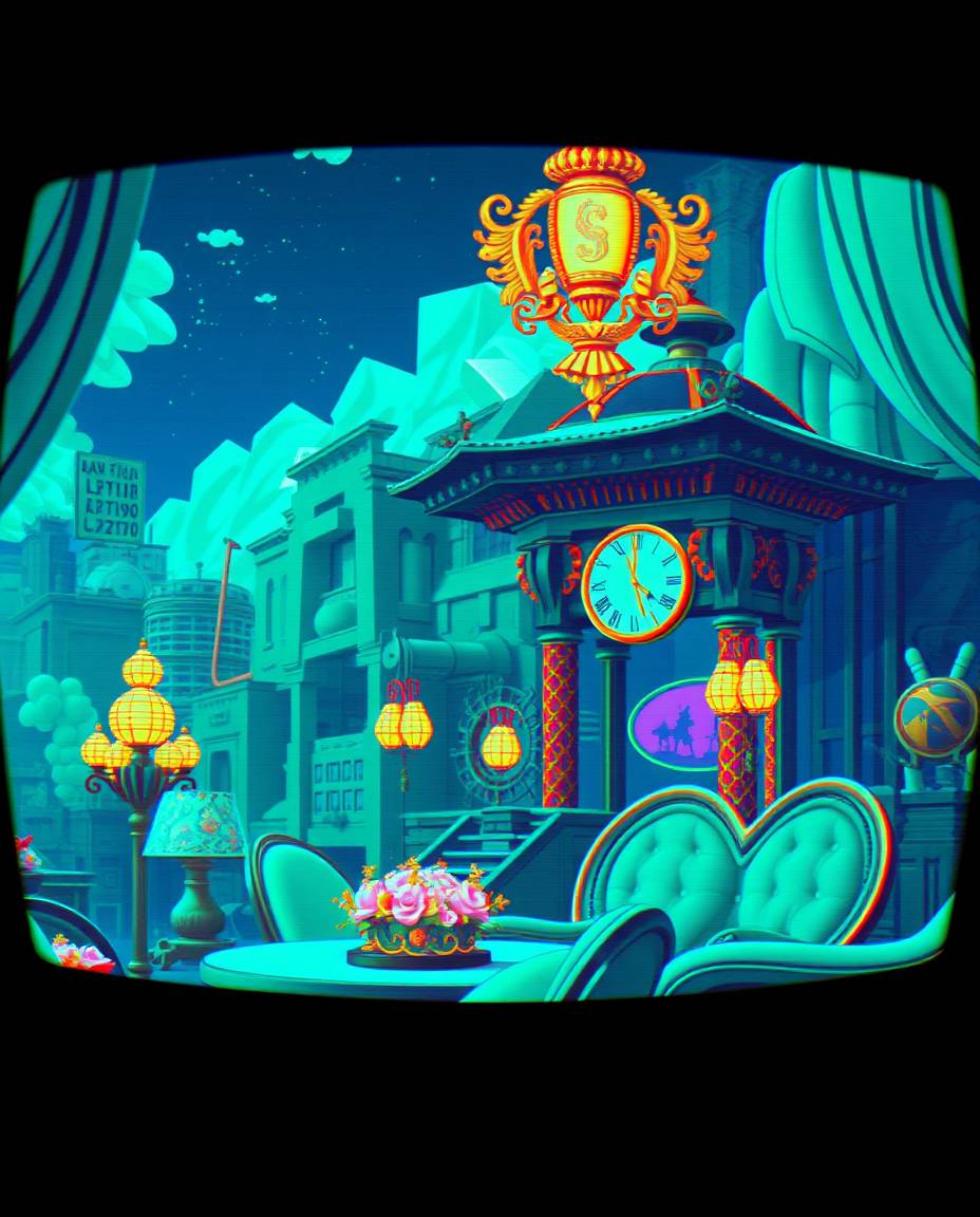 A captivating Isekai anime scene rendered in rich, deep teal, featuring a luxurious and vibrant setting.  The image incorpora
