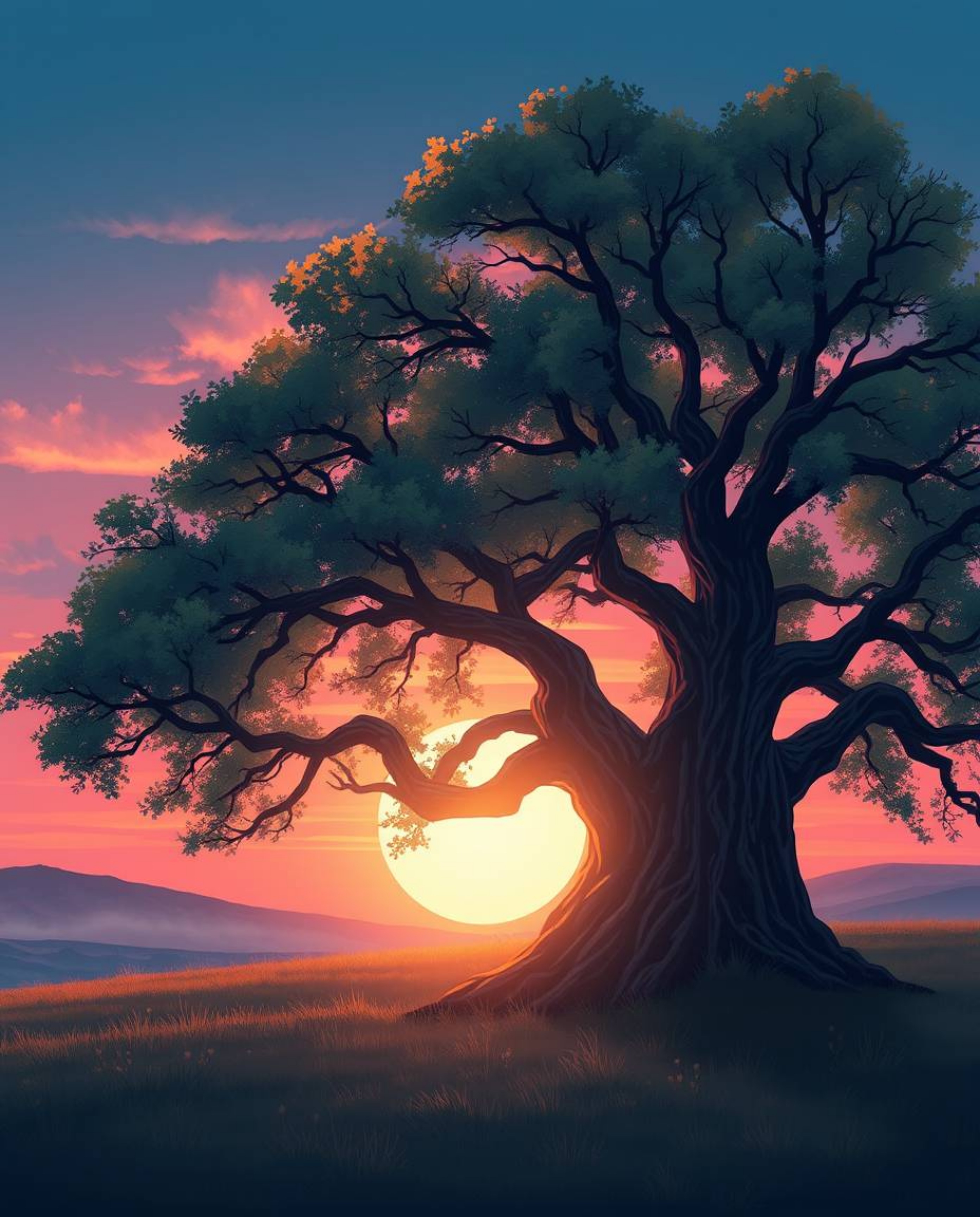 An illustration depicting a sunset behind an old oak tree, brought to life with a unique combination of soft pastel and glowi