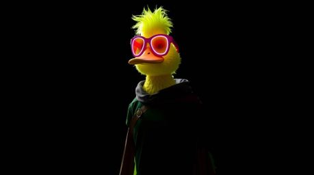 Witness the spectacle of a bioluminescent duck donning a zany superhero costume against an intense jet black backdrop.  This 