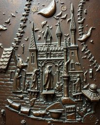 This captivating bronze sculpture depicts a magical school brimming with young wizards, rendered in surreal infrared tones.  